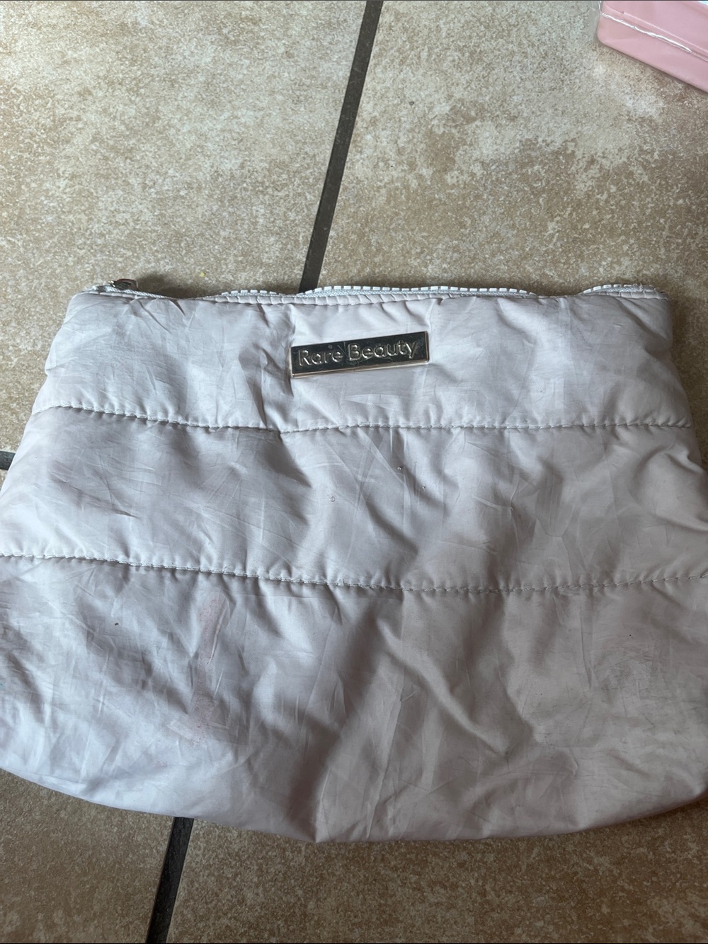 PLEASE READ BEFORE PURCHASING.Rare Beauty Quilted Pale White Cosmetic Pouch